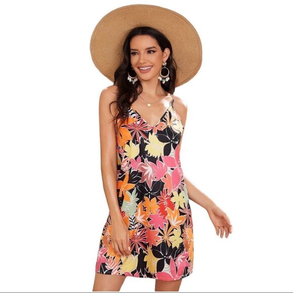 SHEIN Allover Floral Print Aloha Double V neck Camisole Mini Dress - Picture 1 of 5